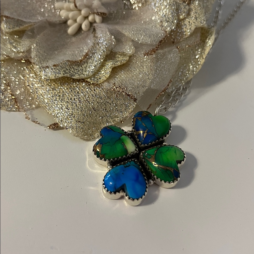Peacock Dahlia Four Heart Turquoise Set In Sterling Silver to Form Clover 🍀